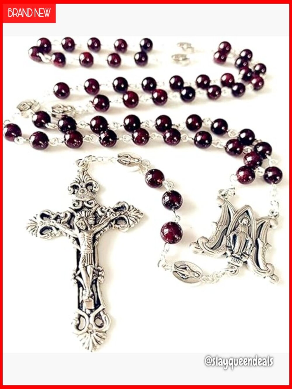 Handmade Garnet Rosary Necklace Cross Catholic Religious Jewelry Box